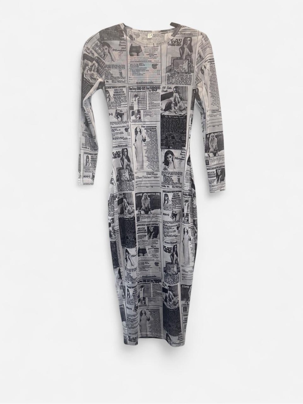 Newspaper Print Long Sleeve Midi Dress - Black & White